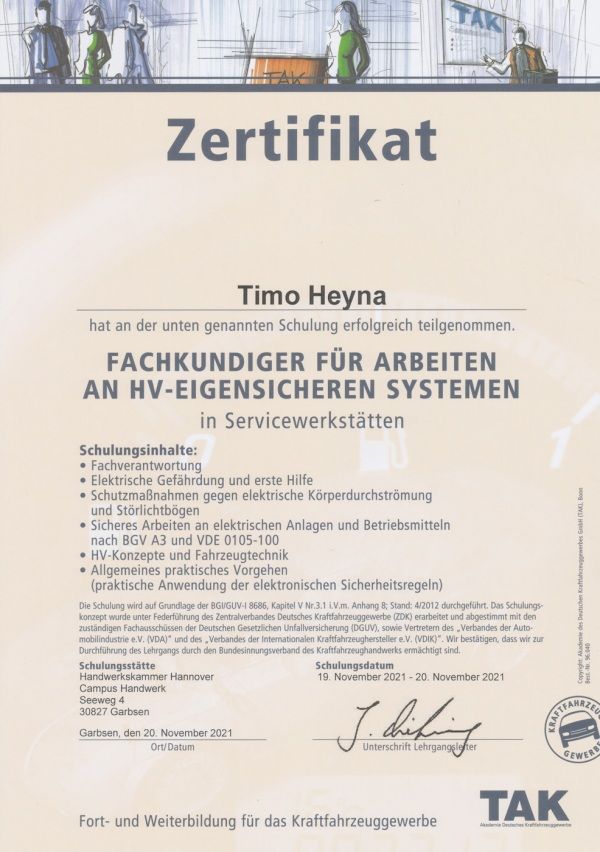 Zertifikat - Fachkundiger für Arbeiten an HV-Eigensicheren Systemen