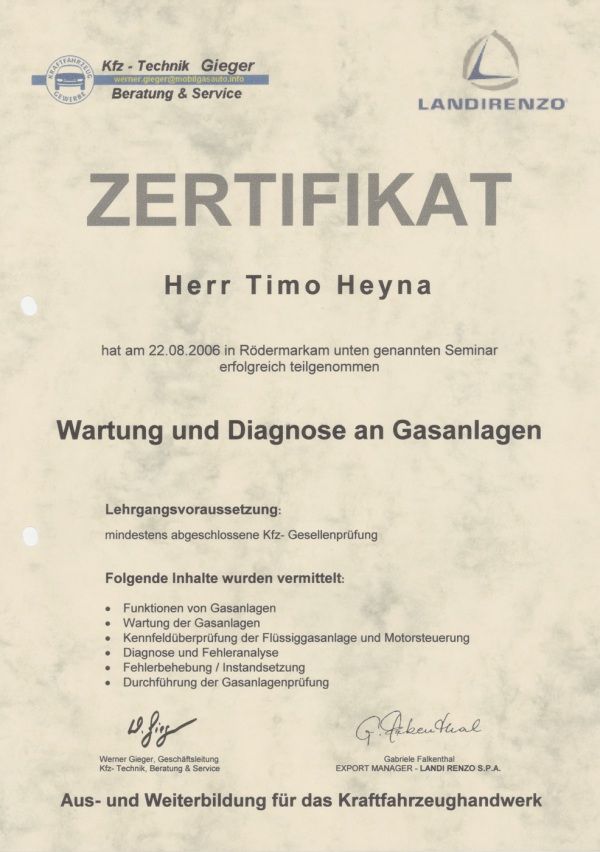 Zertifikat - Wartung und Diagnose an Gasanlagen