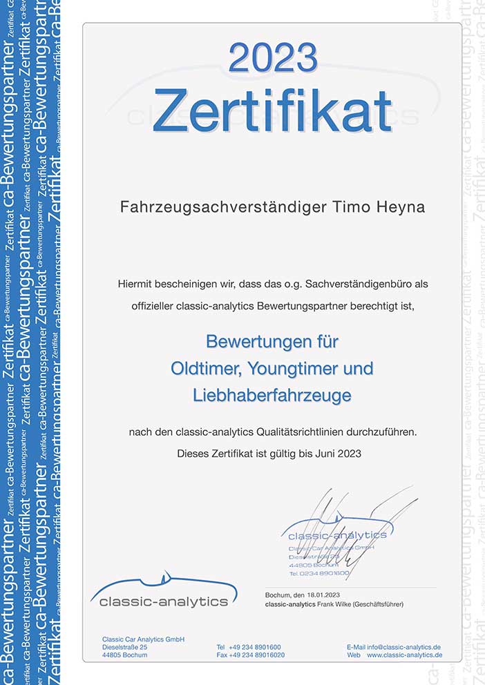 Zertifikat - Bewertungen für Oldtimer, Youngtimer und Liebhaberfahrzeuge