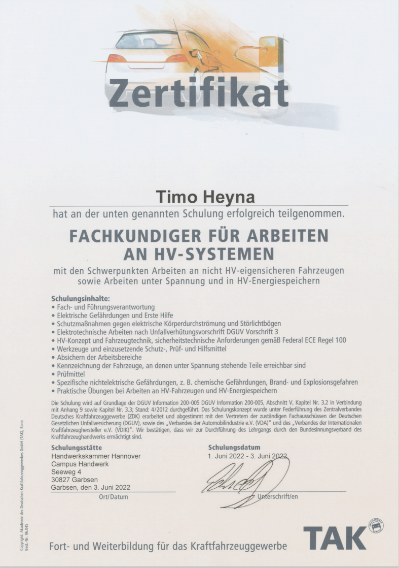 Zertifikat - Fachkundiger für Arbeiten an HV-Systemen